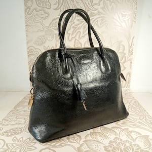 Sac/sac à main Bolide en cuir d'autruche noir Sabatier français vintage des années 80 + cadenas, clé, porte-clé vintage en cuir Sabatier Alma Bag.Made in France
