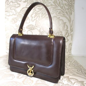 60s Vintage Classic Box Calf Leather Top Handle Bag/Purse/flap bag.Quality 60s Vintage  Brown Leather Piano/ Ring Style Handbag. Suede Lined