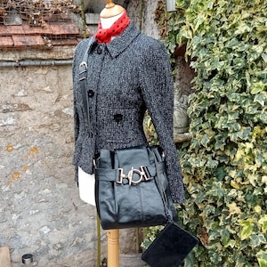 Bolso bandolera/bolso de hombro/cartera de piel de grano completo estilo francés Texier de primera calidad de los años 90, color negro.