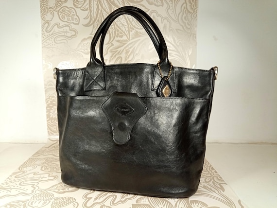 Italian Vintage Isanti Black Leather Tote Handbag/Panier Bag. Made in Milan Italy