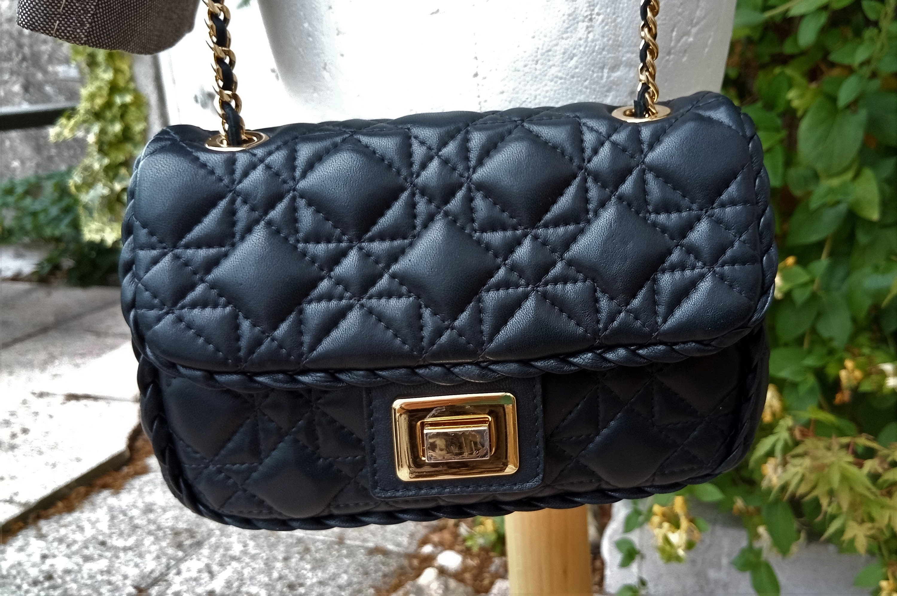 Vintage Bally Black Leather Quilted Chain Strap Handbag