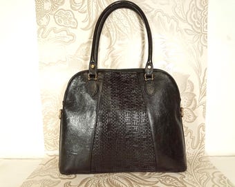 Vintage Texier Black Leather Top Handle Bag, Woven Detail