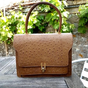60s French True Vintage Classic Ostrich Embossed Leather Handbag Taupe Tan
