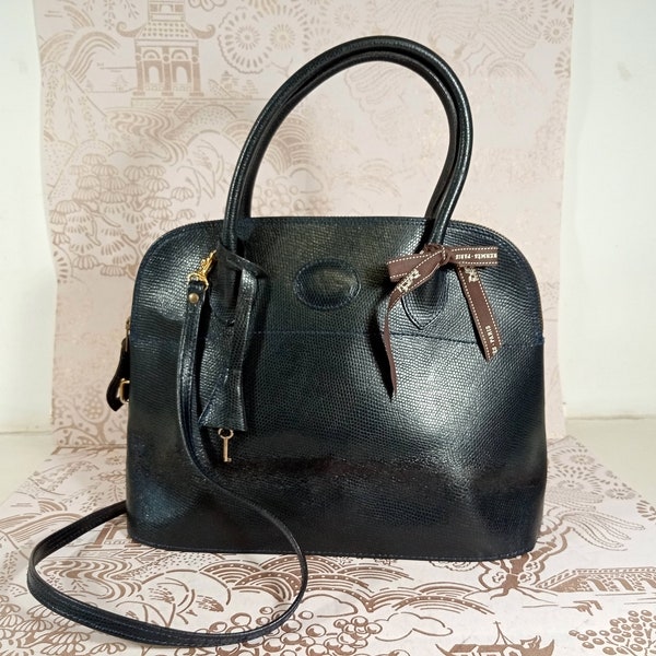 French Vintage Pourchet Navy Leather Bolide Bag/Purse 30 cms + shoulder strap, key and cloche. Paris Designer Navy Leather Bag  Alma Bag.