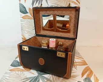 VintageTRUSSARDI Vanity/Train Case Mini Trunk  Italian Designer Beauty Case in Leather/Coated canvas