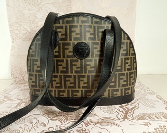 Vintage Monogramme Canvas and Leather Shoulder Bag/Purse FF Monogramme Demi Lune Shoulder Bag Vintage Italian Bag/Purse Black Leather