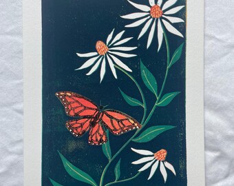 Papillon d'échinacée, linogravure originale en réduction 5x7 pouces (6/7)