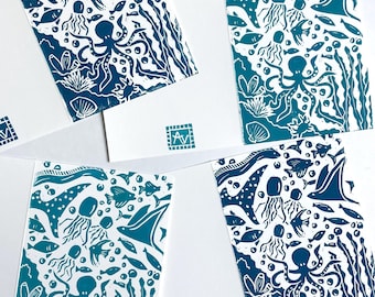 Türkis & Marineblau Set aus 4 Grußkarten
