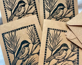 Ensemble de 4 cartes de correspondance et enveloppes à motif mésange