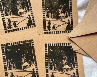 Ensemble de 4 cartes de correspondance et enveloppes « Chalet d'hiver »