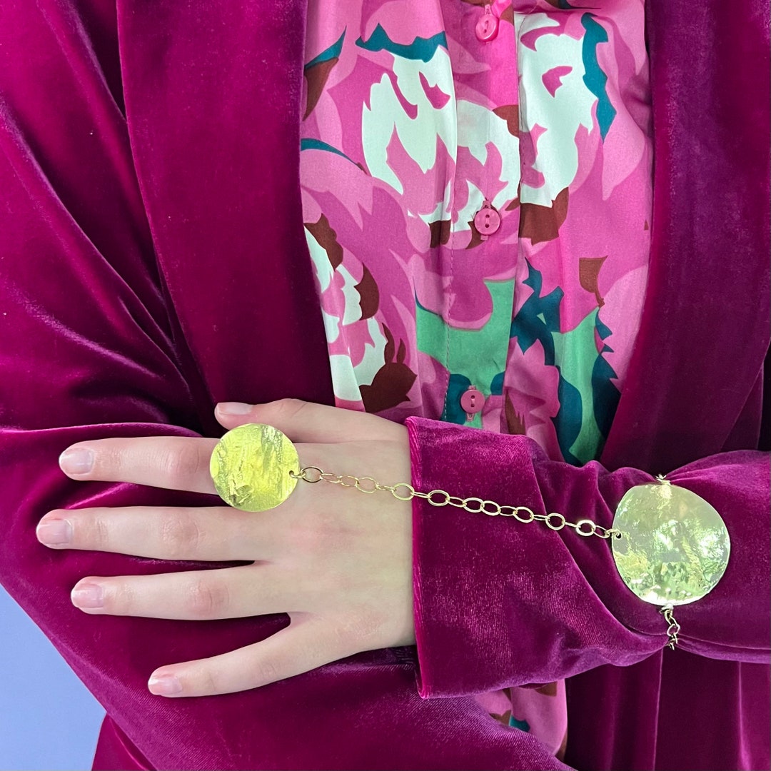 Gold Plated Ring Bracelet , Hammered Finish Harem Bracelet , Ring