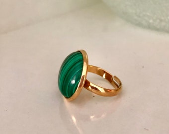 Green Malachite  gemstone ring , Gold plated solitaire ring , Gift for her.