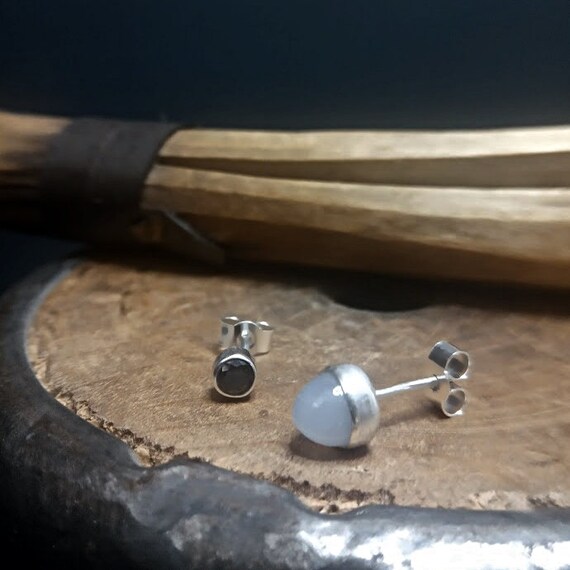 Mismatched Silver Stud Earrings / Chalcedony Bullet Gemstone / Black Spinel Gemstone / Curated Ear / Alternative Earrings