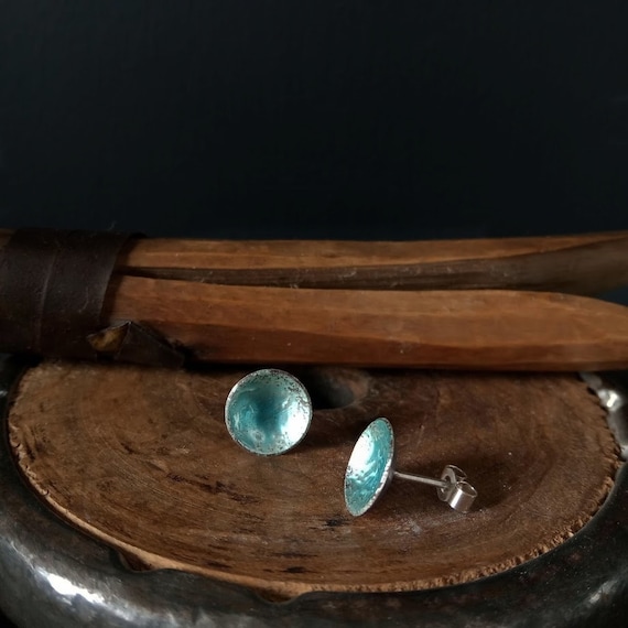 Turquiose Blue Enamel Silver Studs / Stud Earrings / Contemporary Style / Satin Finish / Curated Ear