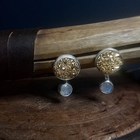Laboradite and Gold Druzy Gemstone Earrings / Dangle Stud Earrings / Curated Ear / Statement Earrings / Satin Finish
