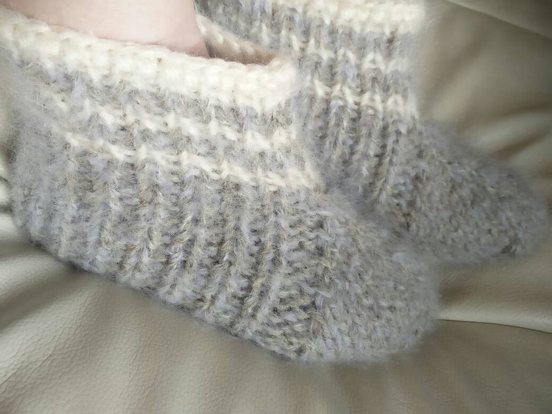 Grey hand knit mohair blend slippers for swollen or wide feet thick UK 4-6 warm US 7-8,5.