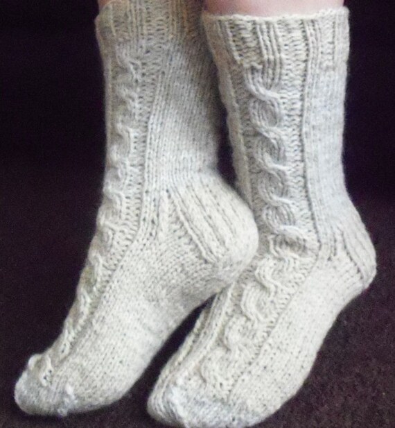 Cream Hand Knit Welly socks,sheep and Angora wool,thick,cable Design Bed socks,slippers,hunter Liners UK 4-12,US 5-13,EU 35-47