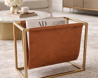 Magazine Rack | Personalized with Laser Engraving | Genuine Leather and metal frame