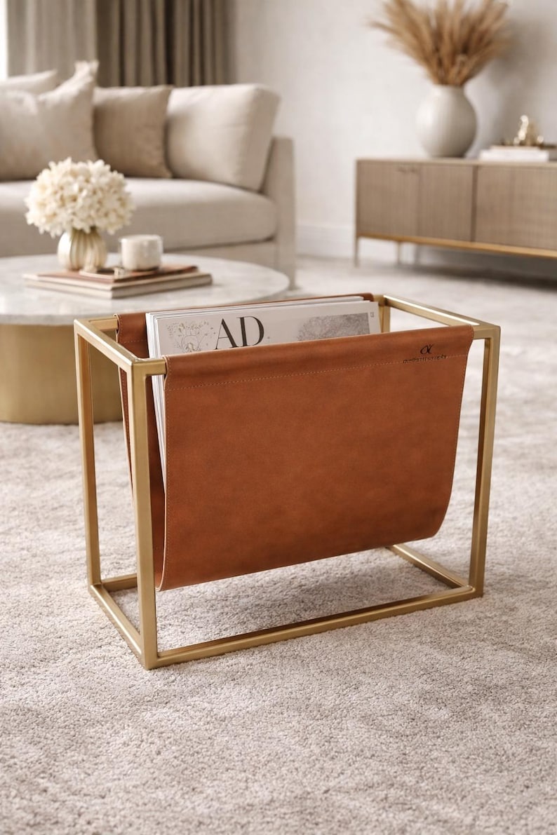 Metal Frame Magazine Rack Magazine Rack | Personalized With Laser Engraving | Genuine Leather and ...