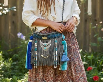 Grey Bohemian bag, leather fringe bags, boho bag, hippie bag,Boho hippie fringe bag