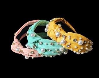 Luxury pearl headband, bridesmaids knot headband, bridal rhinestones knot headband,Liberty knot headband