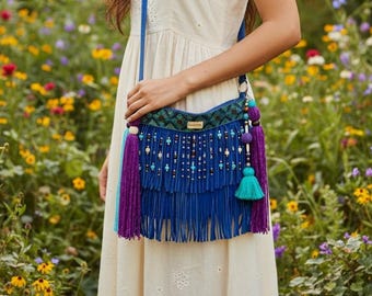 Blue Bohemian fringe bag, hippie bags, boho fringe bag, real suede leather bag