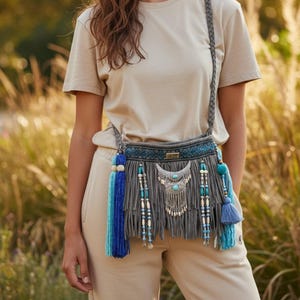 Grey Bohemian bag, leather fringe bags, boho bag, hippie bag,Boho hippie fringe bag image 2