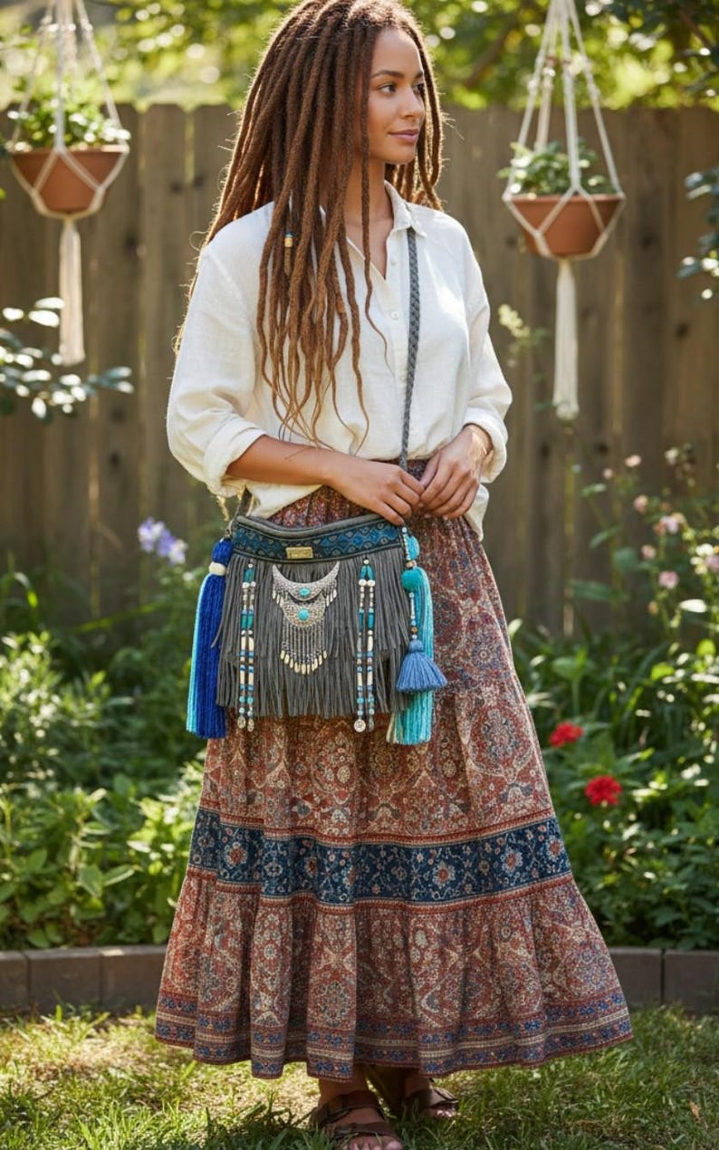Grey Bohemian bag, leather fringe bags, boho bag, hippie bag,Boho hippie fringe bag image 1