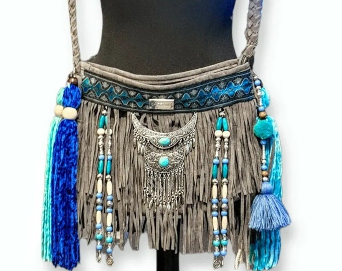 Grey Bohemian bag, leather fringe bags, boho bag, hippie bag,Boho hippie fringe bag