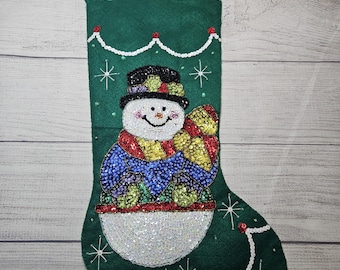 Vintage Plaid BUCILLA Felt Applique Christmas Stocking - Handmade COMPLETED from Kit #84392 (2001) Whimsical Snowmen-16.5"