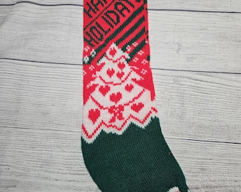 Vtg Knitted "Happy Holidays" Stocking - Christmas Tree - Red/Green/White - 21"