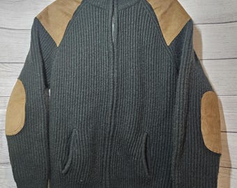 Carraig Donn Irish Wool Sweater Hunting Commando Suede Patches Mens XL Full Zip
