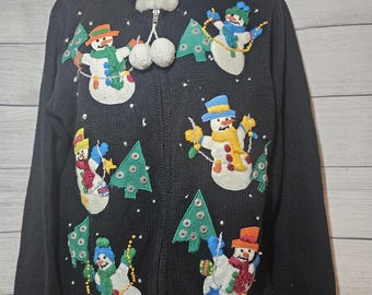 Victoria Jones PETITE Women's Christmas Sweater Cardigan - Petite MEDIUM - Black,  Hooded,  w/ Embroidery and Embellishments