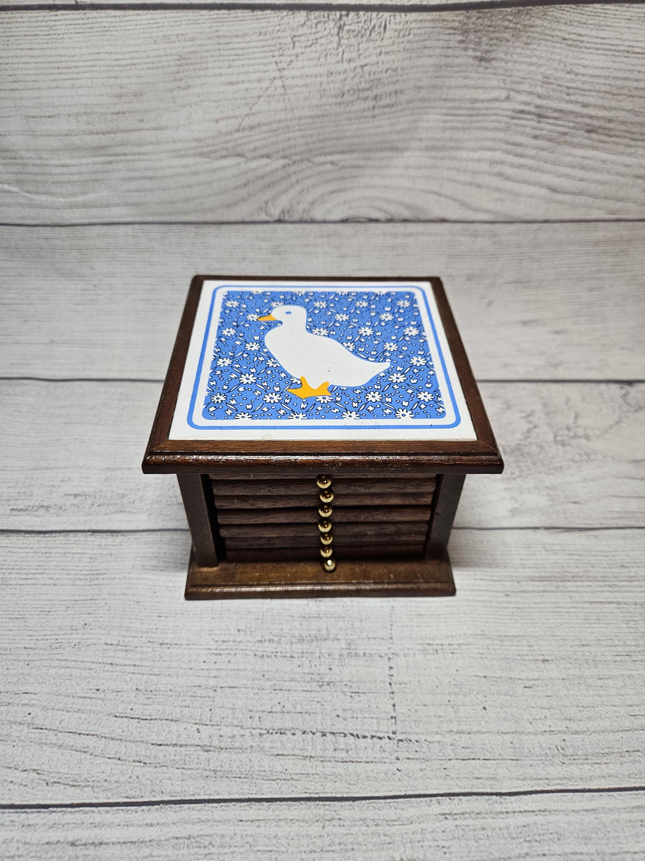 Vintage Goose-Theme DRESSER-Style Wood & Cork Coaster Set with Storage Box - Set of 8 , 1970s, Vintage Barware Drinkware
