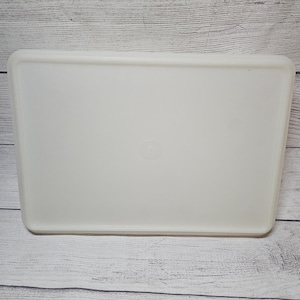 May include: A rectangular, off-white plastic container with a matching lid. The lid has rounded corners and a slightly raised center. The container is set against a backdrop of weathered, light-colored wooden planks.