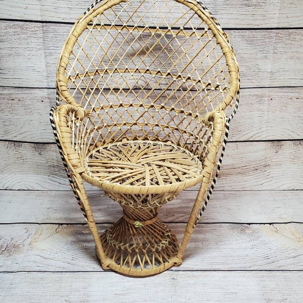 Vintage Wicker Peacock Fan Back Rattan Chair 15” Doll Or Plant Stand Boho Hip