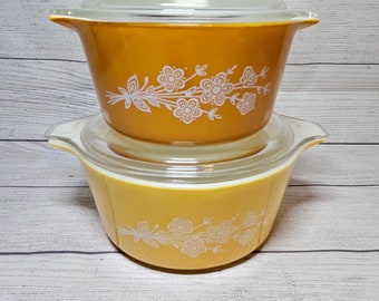 Vintage Pyrex "Butterfly Gold 2" 2-Piece Casserole Dish Set #474 and 473 WITH LIDS - 1979/1980
