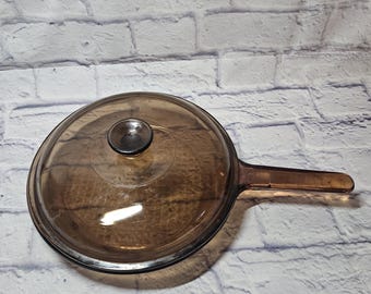 Pyrex Corning Vision Ware Amber 10.5” Glass Skillet w/ Waffle Bottom Lid Fry Pan