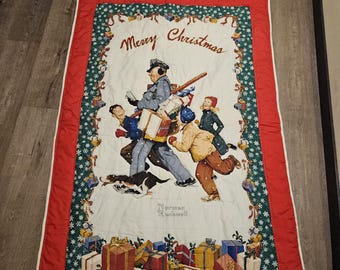 Norman Rockwell Christmas Quilt, Vintage Fabric, Handmade Holiday