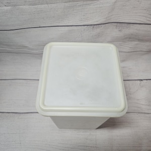 May include: A square, white plastic storage container with a matching, tight-fitting lid. The lid features a raised, circular center detail and a smooth, flat surface. The container has straight, vertical sides and a clean, minimalist appearance.
