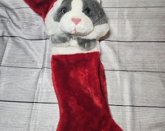 Vintage Christmas CAT Plush 3D Stocking - Gray,  22" Long - 1990s