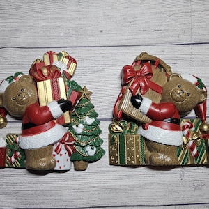 Vintage BURWOOD Christmas Santa Bear Wall Hanging PAIR - 1993
