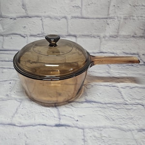 Pyrex Corning Vision Ware Glass Saucepan with Lid - Amber Colored - 7.25” - 1.5 Liters