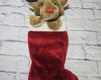 Vintage Christmas REINDEER Plush 3D Stocking - Brown, 21.5" Long - 1990s