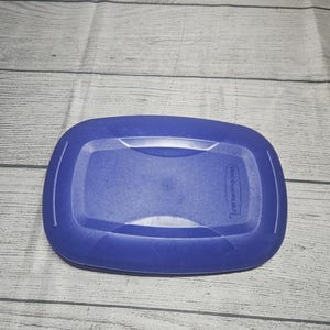 May include: A rectangular blue plastic storage container lid with rounded corners and a slightly raised central panel. The surface features a subtle textured finish and the embossed Rubbermaid brand logo is visible on the right side of the lid.