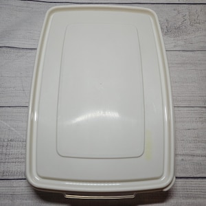May include: A white rectangular food storage container with a lid. The container has rounded corners and a slightly raised lid. The lid has a recessed center and a small handle on one side. The container is made of plastic.