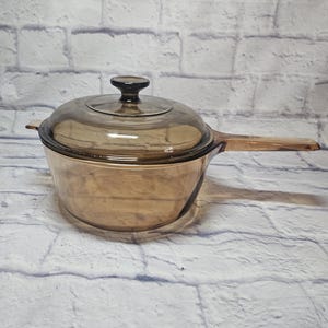 Pyrex Corning Vision Ware Glass Saucepan with Lid - Amber Colored - 8.5” - 2.5 Liter