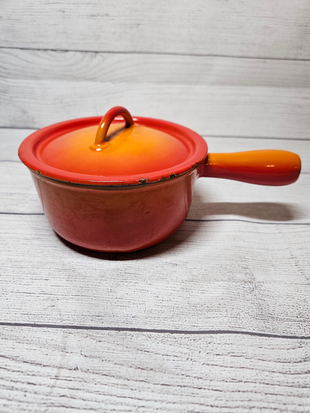 Vtg DESCOWARE Red Orange Flame Saucepan Pot W/ Lid Enamel Cast Iron 7-A ...
