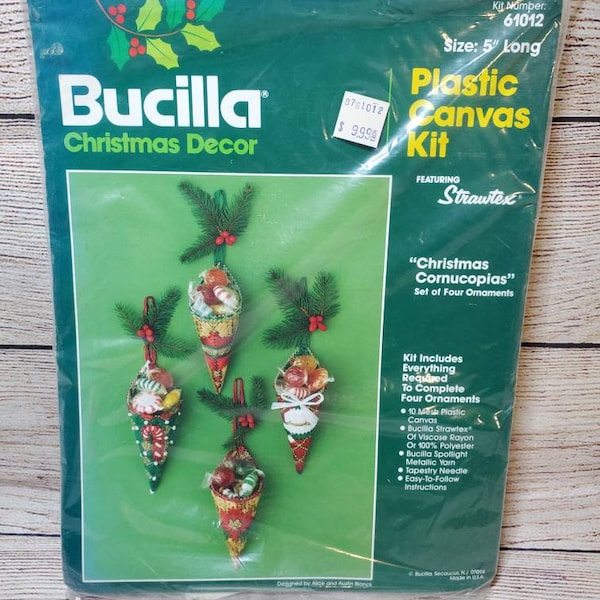 Bucilla Christmas Decor Plastic Canvas Kit #61012, "Christmas Cornucopias", 1980s, Set of 4 Ornaments