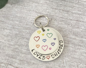 Colourful Hearts Dog Tag | Loved And Chipped Pet Tag | Pet ID Tag | Heart Dog ID Tag | Cute Dog ID Tag